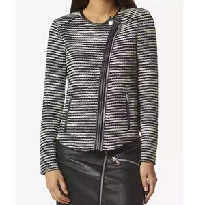 Avec Les Filles Women's Black White Moto Tweed Faux Leather Trim Jacket Size S